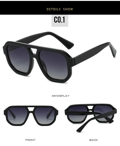 Detailed views of polarized pilot sunglasses with double bridge and black frames