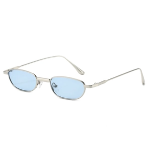 Trendy silver metal oval sunglasses with light blue lenses for a retro fashion look