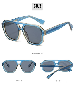 Detail view of double bridge pilot sunglasses with translucent navy frame and gray lenses