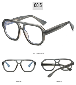 Three-angle view of double-bridge aviator sunglasses in transparent gray CP frame