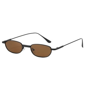 2025 Trendy slim metal oval sunglasses with black frames and brown lenses from 45-degree view