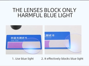 Test de filtre anti-lumière bleue montrant la protection contre les rayons nocifs sur fond blanc