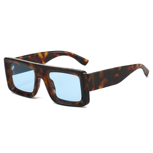 Retro rectangular sunglasses with wide leopard print frame and translucent blue lenses