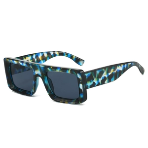 Fashionable oversized square sunglasses with colorful abstract pattern and dark grey lenses
