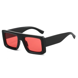 Chunky rectangular sunglasses with wide black frames and dark red lenses for street style