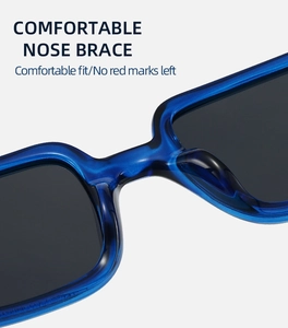 Détail des plaquettes nasales de lunettes bleues assurant un port sans marques rouges