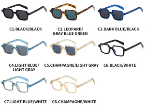Catalogue détaillé de lunettes de soleil carrées polarisées montrant huit options de couleurs