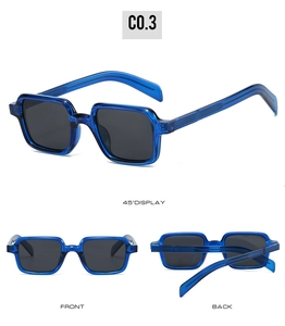 Vue en trois angles de lunettes de soleil carrées bleues transparentes avec verres fumés