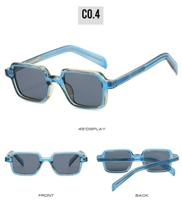 Vues sous trois angles de lunettes de soleil carrées bleues transparentes polarisées