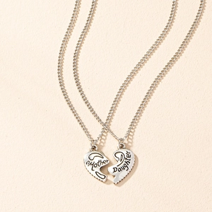 Silver mother and daughter matching split heart pendant necklace set with engravings