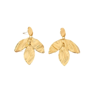 Golden irregular leaf earrings with hammered texture and multi-layered abstract geometric design