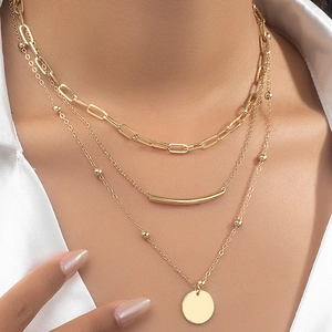 Layered Necklace Gold Alloy Paperclip Chain Beads Curved Bar Round Disc Pendant Minimalist Jewelry For Women