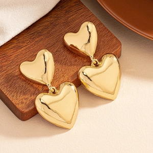 Double Tiered Heart Drop Earrings Zinc Alloy Gold Plated High Polished Bohemian Fashion Dangle For Women