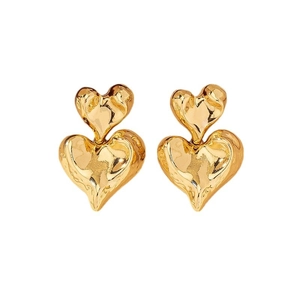 Gold double-layered liquid metal heart earrings with irregular textured surface