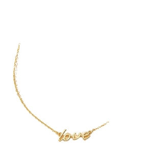 Minimalist gold LOVE letter pendant necklace with fine chain for women on white background