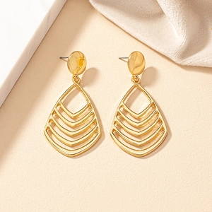 Modern hollow teardrop earrings in polished gold finish with geometric metal lines
