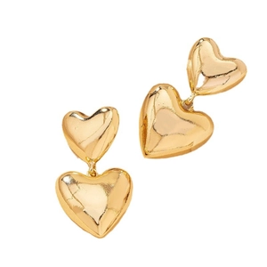 Polished gold double heart earrings with a minimalist vertical drop design for women
