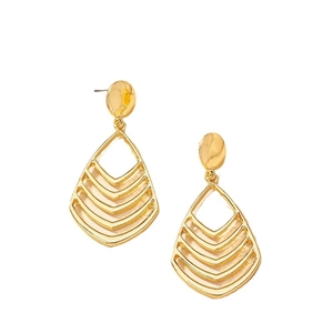 Golden teardrop hollow earrings with layered geometric design and polished metal finish