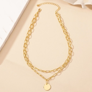 Chic double-layer gold link chain necklace featuring a minimalist round medal pendant