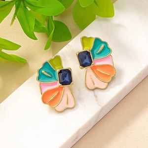 Boucles D Oreilles Puces Fleur Émail Coloré Alliage Pierre Gemme Bleue Synthétique Bijoux Bohème Rétro Pour Femmes