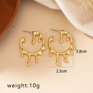 Fashionable golden liquid teardrop C-shape earrings for women, 3.8cm height with a shiny finish