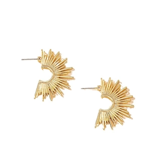 Golden sunburst half-circle stud earrings with radiant metal lines and polished finish