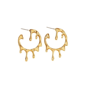 Minimalist gold teardrop earrings with a unique molten fluid design on a white background