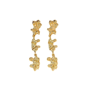 Minimalist irregular lava gold long drop earrings with organic hammered metal texture
