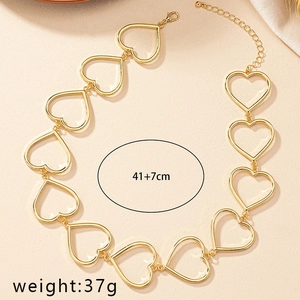 Golden hollow heart link chain necklace, 41+7cm length, minimalist cold style jewelry