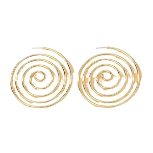 Exaggerated golden spiral hoop earrings with geometric circular design in polished metal