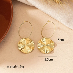 Golden textured hoop earrings with wrinkled round pendant, size 5cm by 2.5cm, 6g weight