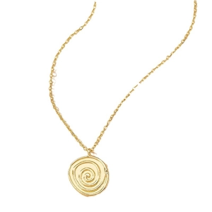 Minimalist gold necklace featuring a spiral textured round pendant on a fine link chain