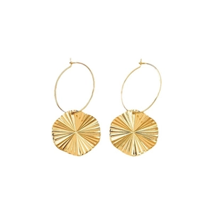 Golden earrings with pleated round disc pendants featuring a radial texture on white background