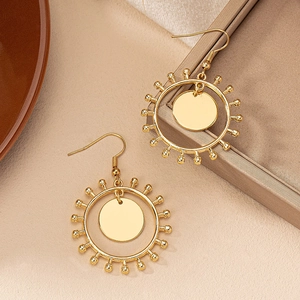 Boucles D'oreilles Pendantes Rondes Géométriques Rétro Pour Femmes Alliage Cercle Texturé Rayons De Soleil Bohème