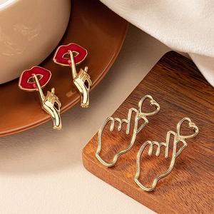 Finger Heart And Red Lip Shush Gesture Earrings Alloy Enamel Gold Plated Creative Novelty Jewelry For Women Trendy Chic Style