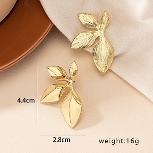 Elegant gold leaf petal earrings with brushed texture measuring 4.4cm by 2.8cm