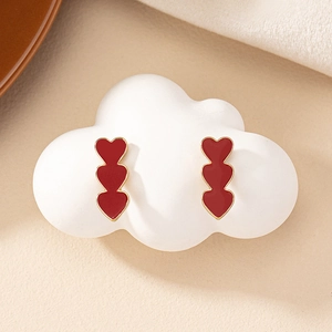 Stacked Heart Stud Earrings Alloy Enamel Vertical Design Sweet Retro Fashion Elegant Jewelry Gift For Women