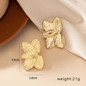 Golden exaggerated multilayer flower earrings with brushed metal texture for women