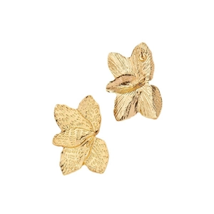 Golden layered flower stud earrings with detailed metallic petal texture on white background