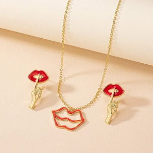 Parure De Bijoux Forme De Lèvres Et Geste Shh Émail Rouge Alliage Collier Et Boucles D'oreilles Pour Femmes Accessoire Mode