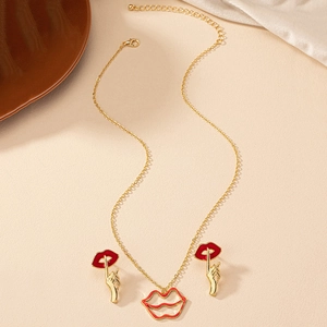 Parure bijoux vintage français avec collier pendentif lèvres rouges et boucles d'oreilles