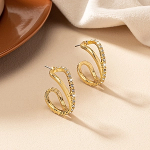 Elegant gold S-shaped geometric earrings with sparkling zircon inlay for women
