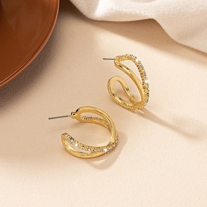 Geometric C Shape Stud Earrings Gold Plated Alloy Rhinestone Overlapping Cross Twisted Fashion Elegant Jewelry Women