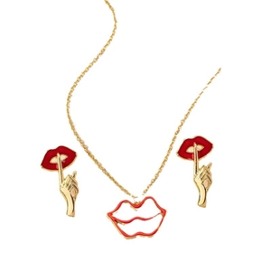Parure de bijoux vintage dorée avec lèvres en émail rouge et boucles d'oreilles paume