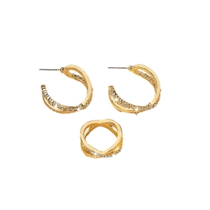Parure de bijoux dorés géométriques avec boucles d'oreilles cristal et bague croisée