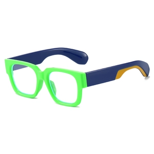 Green and blue square frame eyeglasses for women with a trendy geometric color-block design