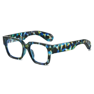 Fashionable oversized square glasses with a colorful floral tortoiseshell frame in 45-degree view