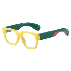 Retro oversized square glasses with yellow frame and green temples on white background