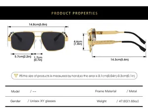Detailed size chart for retro pilot sunglasses with metal frame and dimensions in cm