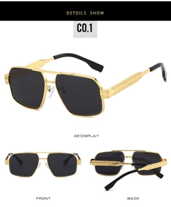 Detailed macro view of the gold metal temples with luxury textured pattern engraving